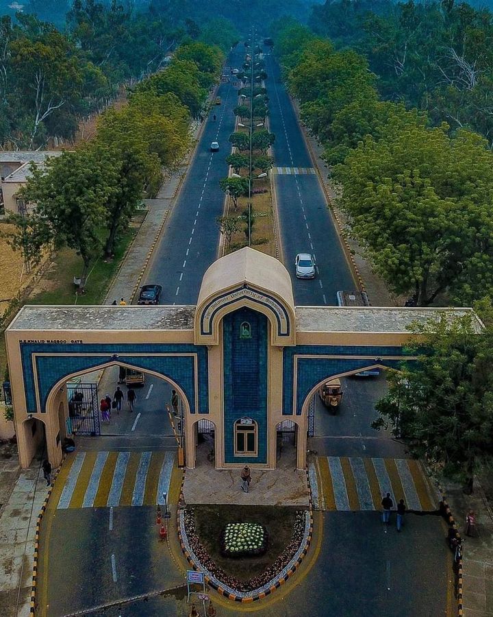 Aerial view of the main gate of The Islamia University of Bahawalpur and the tree-lined avenue behind it.